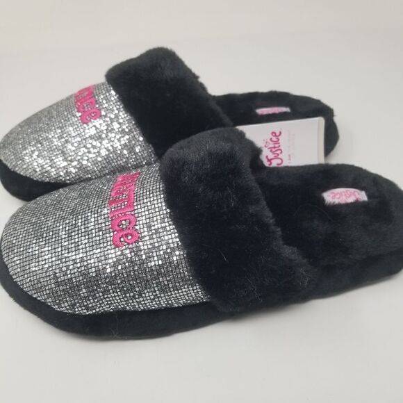 Justice house SLIPPERS. Black, silver, and pink. Size 6 - Picture 1 of 11